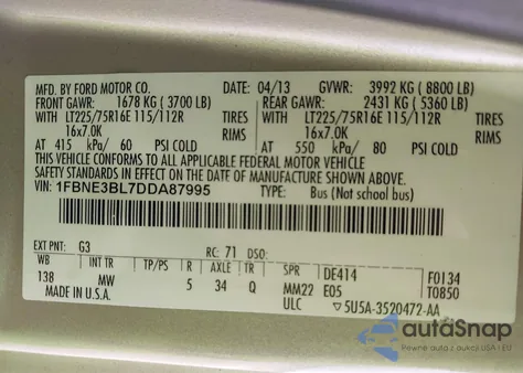 2013 Ford E-350 Super Duty Xlt из США, поврежденный, VIN 1FBNE3BL7DDA87995